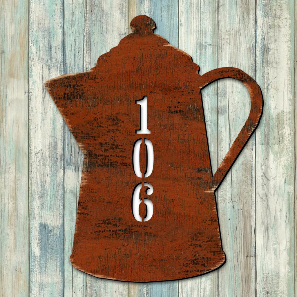 Coffee Pot Wooden Custom House Number Sign - Love Family Kids Decor - Handcrafted Wooden Address Sign - MA98552