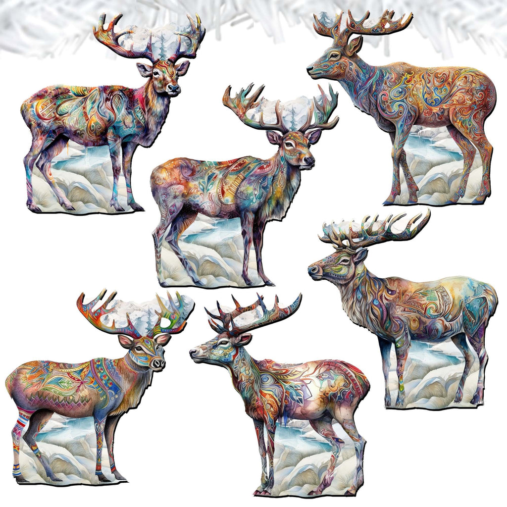 Iconic Caribou of Alaska Clip-On Eco Wood Decorative Ornaments Set of 6 by G. Debrekht - Wildlife Decor - 8090111C-S6