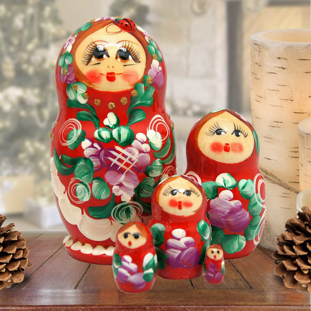 Traditional Red Matreshka Nesting Hand-Painted Dolls Set of 5 by G. DeBrekht - Christmas Decor - 140135
