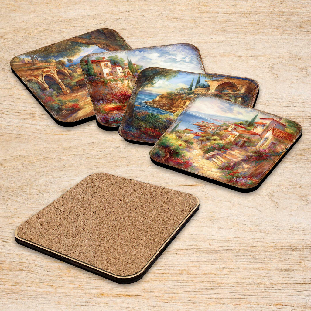 Mediterranean Sea-side Wooden Cork Coasters Gift Set of 4 by G. Debrekht - Coastal Holiday Decor - 8199475C-S4