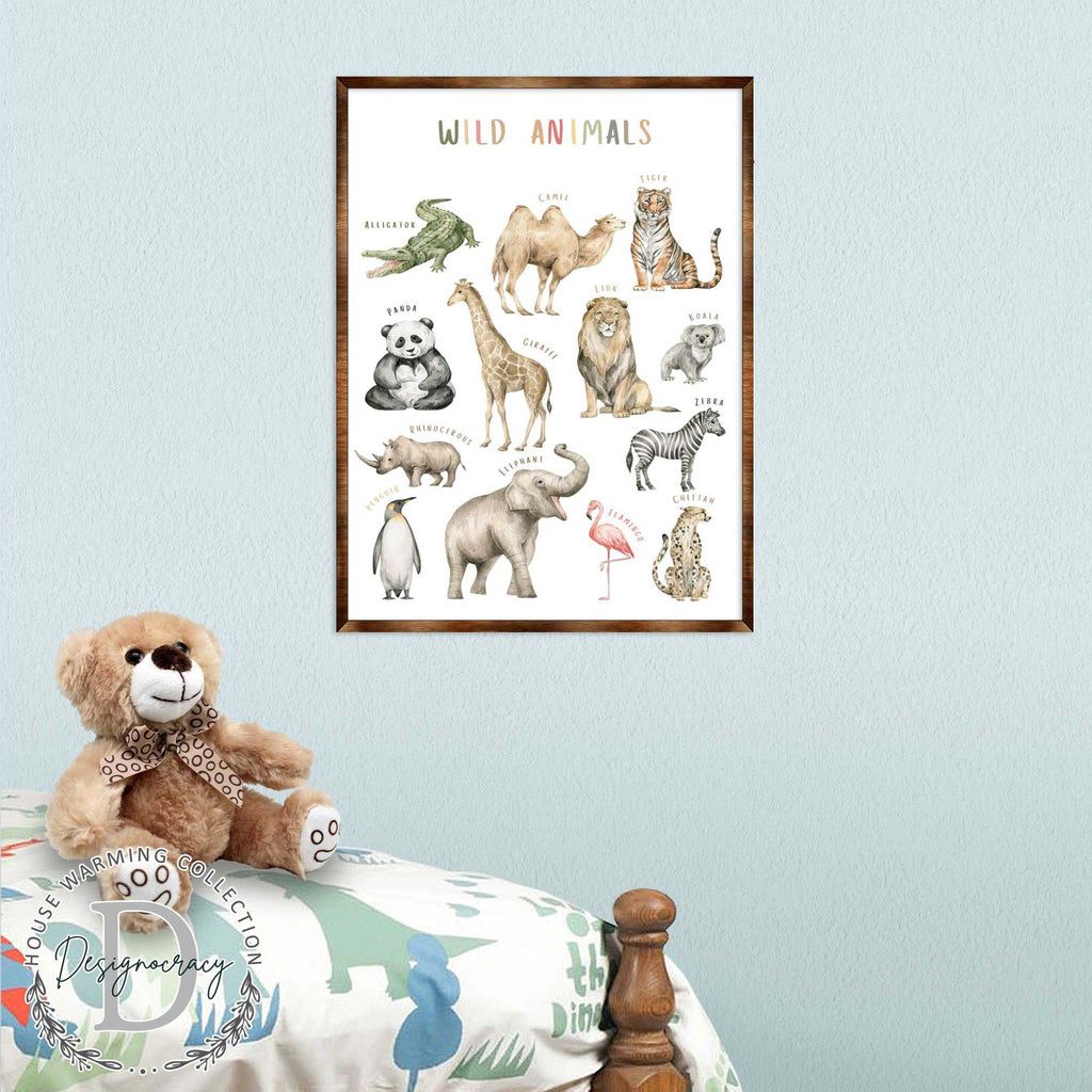 Wild Animals Kids Room Decor - Montessori Wooden Poster - Homeschool I Educational Poster - Classroom Decor - Playroom Art - 310219