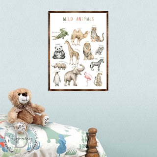 Wild Animals Kids Room Decor - Montessori Wooden Poster - Homeschool I Educational Poster - Classroom Decor - Playroom Art - 310219