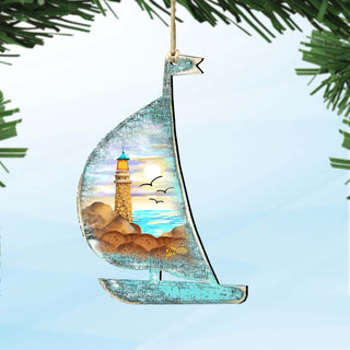 Lighthouse Boat Wooden Ornaments by G. DeBrekht - Coastal Holiday Decor - 8198524
