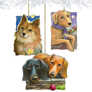 Doggie Companions Wooden Ornaments Set of 3 by Laura Seeley - Pets Dog and Cats Decor - 8100092S3-LS