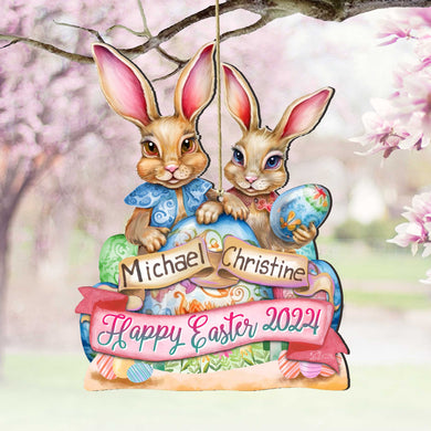 Personalized Easter Ornaments, Personalized Gift, Easter Basket Tag - Happy Easter Bunnies Wooden Ornaments by G. Debrekht Easter Spring Decor - 8652782P-24
