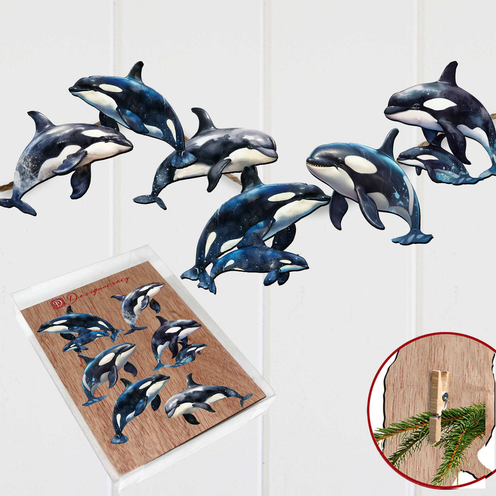 Majestic Orcas Clip-On Eco Wood Decorative Ornaments Set of 6 by G. Debrekht - Wildlife Decor - 8090102C-S6