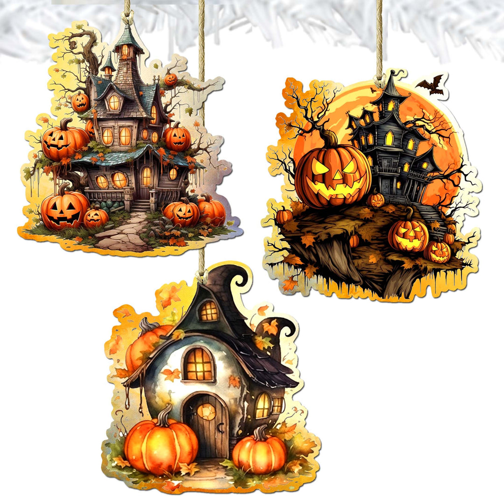 Spooky Houses Decorative Wooden Ornaments of 3 by G. Debrekht - Halloween Decor - 8091007-S3
