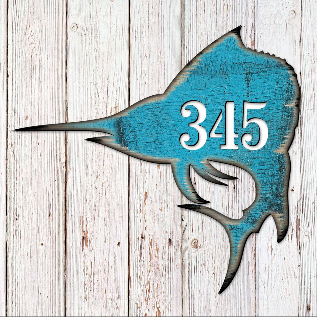Swordfish Coastal Personalized House Number Sign by G. Debrekht - Coastal Sea-Life Decor - Handcrafted Wooden Handcrafted Wooden Handcrafted Wooden Address Sign - MA98549