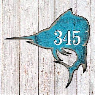 Swordfish Coastal Personalized House Number Sign by G. Debrekht - Coastal Sea-Life Decor - Handcrafted Wooden Handcrafted Wooden Handcrafted Wooden Address Sign - MA98549