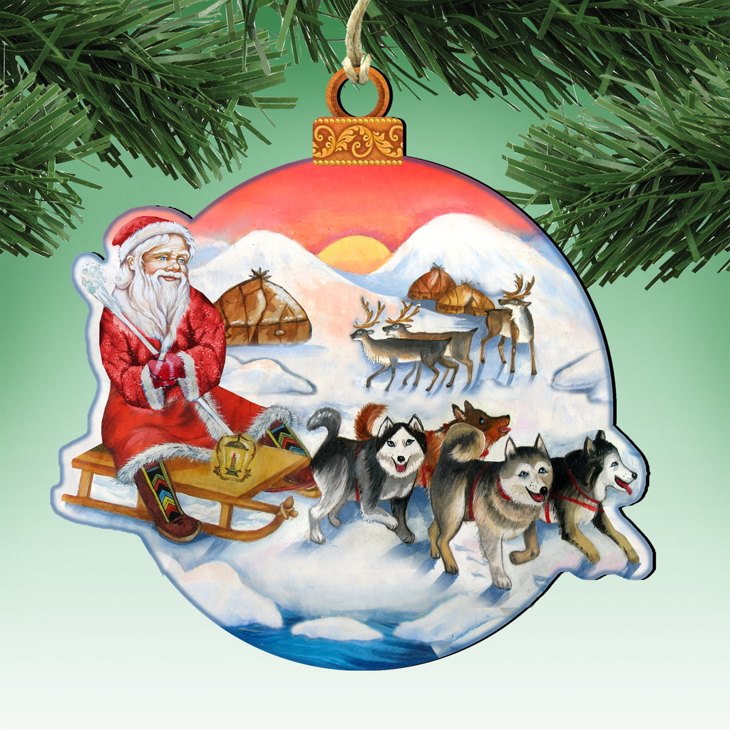 Santa Claus riding a sled pulled by reindeer in a snowy landscape, with a full moon in the background.