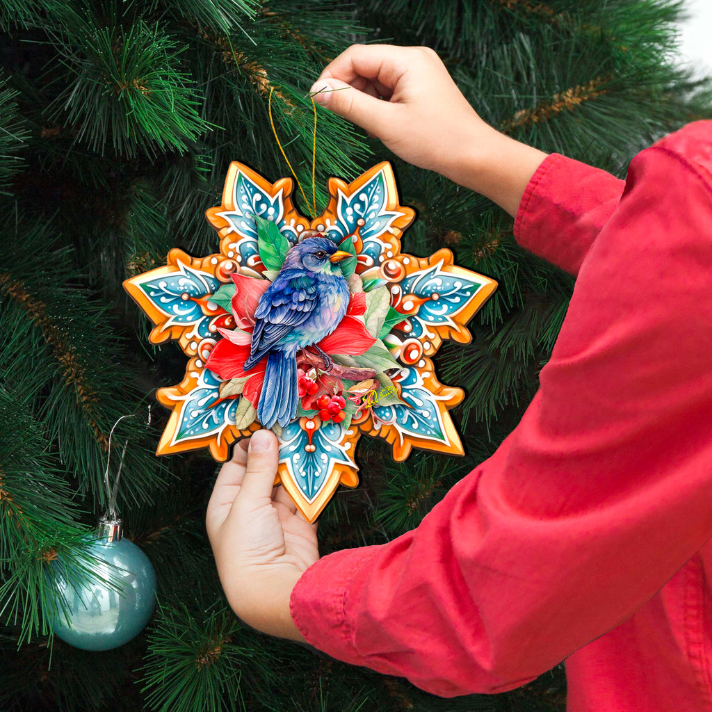 Blue Bird Snowflake Large Wooden Ornament by G. Debrekht - Nature Wildlife Decor - 8688410M