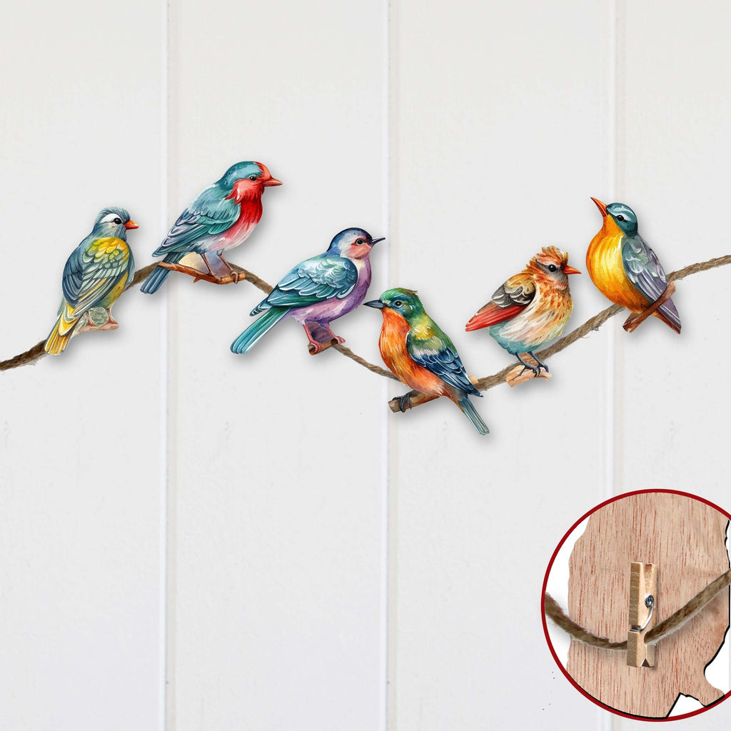 Forest birds Clip-On Eco Wood Decorative Ornaments Set of 6 by G. Debrekht - Christmas Decor - 8090015C-S6