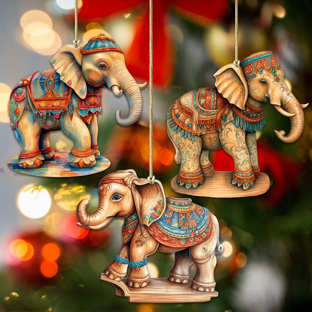 Carousel Elephants Wooden Ornaments Set of 3 by G. Debrekht - Christmas Decor - 8100192S3