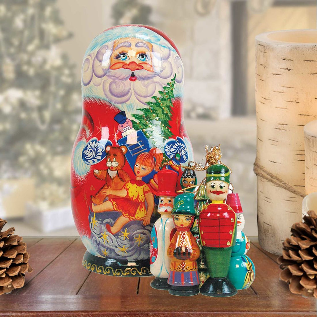 Gift Bag Toys Santa Hand-Painted Doll with Set of Wooden Ornaments by G. DeBrekht - Christmas Santa Snowman Decor - 110715