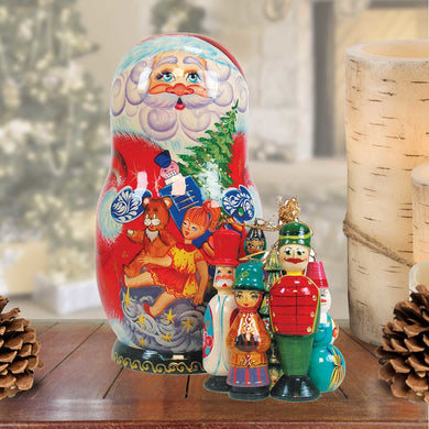Gift Bag Toys Santa Hand-Painted Doll with Set of Wooden Ornaments by G. DeBrekht - Christmas Santa Snowman Decor - 110715