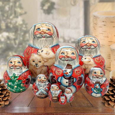 Polar Bears Santa Matreshka Nesting Hand-Painted Doll Set of 10 by G. DeBrekht - Christmas Santa Snowman Decor - 120023