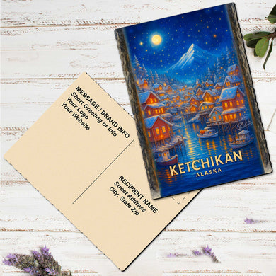 A postcard featuring a snowy village scene with a bright moon and stars in the night sky, along with the text