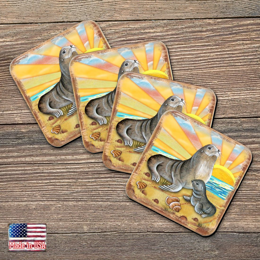 Sealion Coastal Wooden Cork Coasters Gift Set of 4 by Nature Wonders - Coastal Sea-Life Decor - 8198532-2C-S4