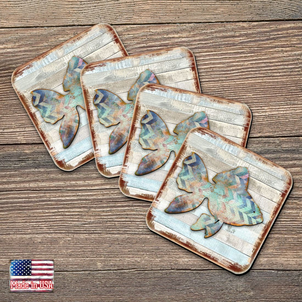 Fish Coastal Wooden Cork Coasters Gift Set of 4 by Nature Wonders - Coastal Sea-Life Decor - 8198534-9C-S4