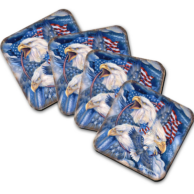 a collage of four square images, each featuring a white eagle with its beak open, surrounded by American flags and stars.