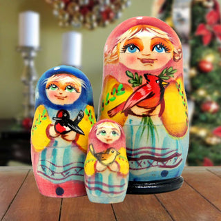 Birdie Friends Matreshka Nesting Hand-Painted Doll Set of 3 by G. DeBrekht - Christmas Decor - 14736