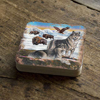 Winter Wolves Wooden Cork Coasters Gift Set of 4 by Nature Wonders - Nature Wildlife Decor - 95222C-S4