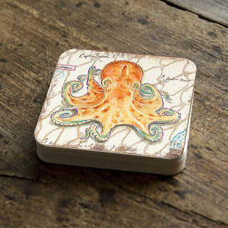 Octopus Coastal Wooden Cork Coasters Gift Set of 4 by Nature Wonders - Coastal Sea-Life Decor - 8198626C-S4