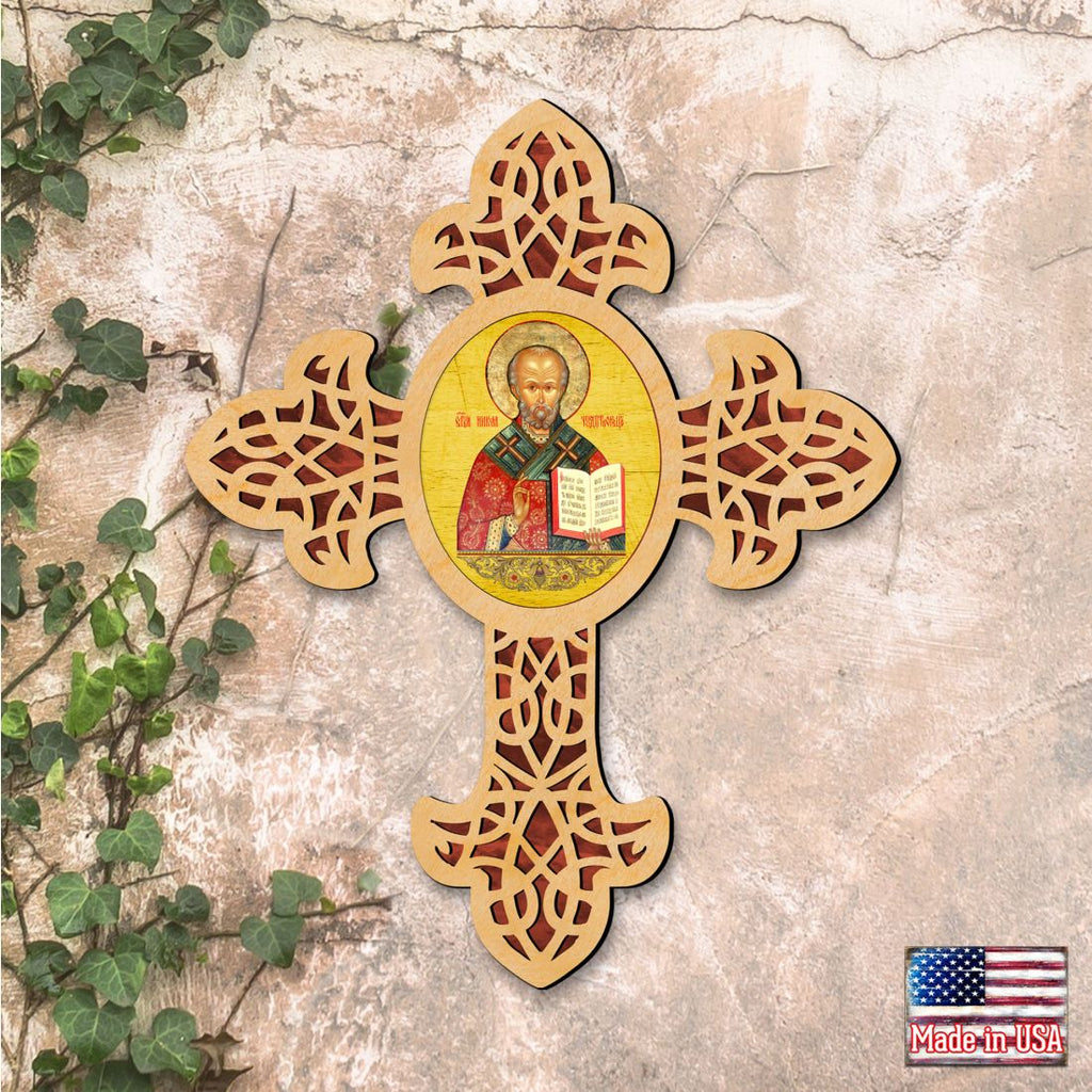 Saint Nicholas Pointy Wooden Cross by Museum Icons - Inspirational Icon Decor - 88321
