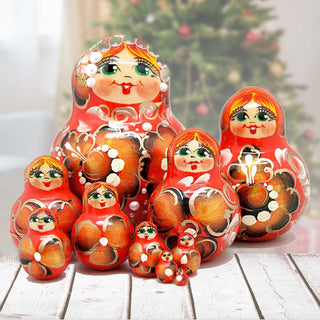 Flower in Red Matreshka Nesting Hand-Painted Doll Set of 10 by G. DeBrekht - Christmas Decor - 141151R