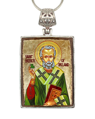 a religious icon of Saint Patrick of Ireland, wearing a green robe and holding a book.