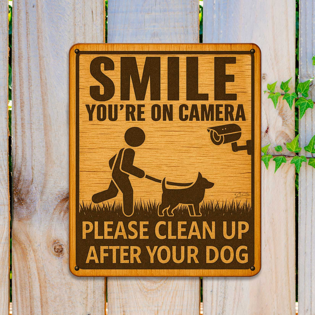 a wooden sign with a message about cleaning up after a dog, accompanied by a silhouette of a person walking a dog.