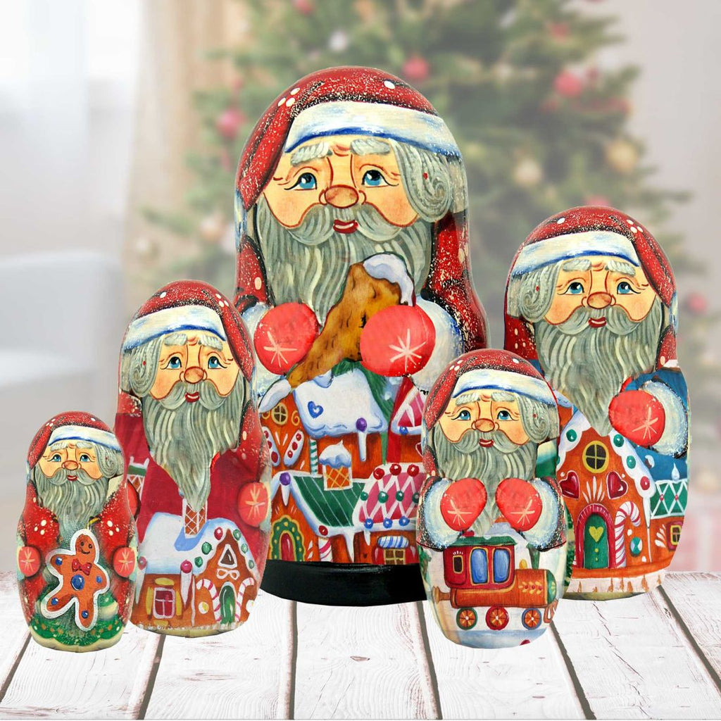 Santa' Gingerbread Matreshka Nesting Hand-Painted Doll Set of 5 by G. DeBrekht - Christmas Santa Snowman Decor - 110089