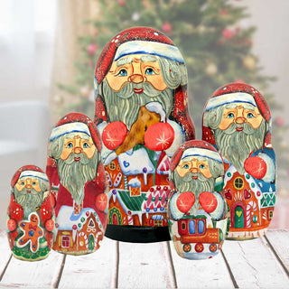 Santa' Gingerbread Matreshka Nesting Hand-Painted Doll Set of 5 by G. DeBrekht - Christmas Santa Snowman Decor - 110089