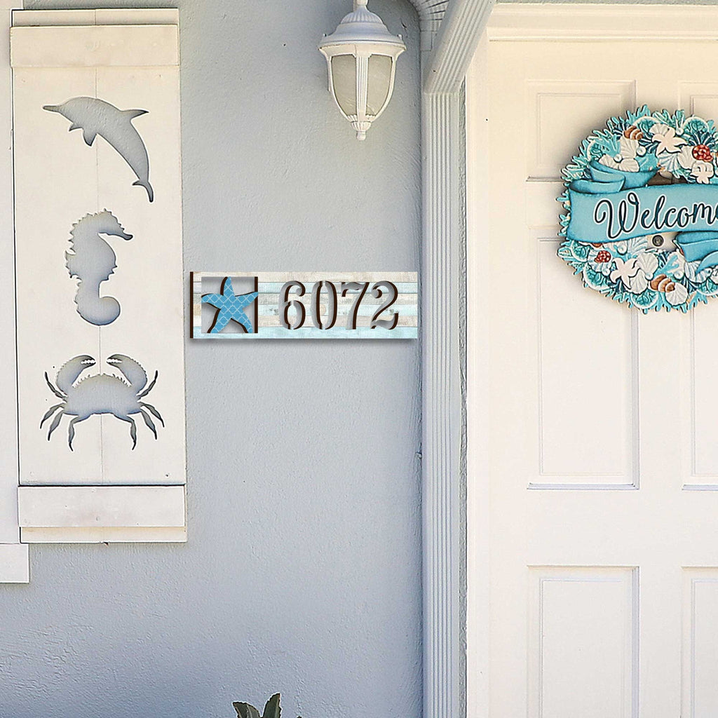 Coastal Door Numbers Sign - Starfish Wooden House Number Plaque - Custom Home Handcrafted Wooden Address Sign MA989806