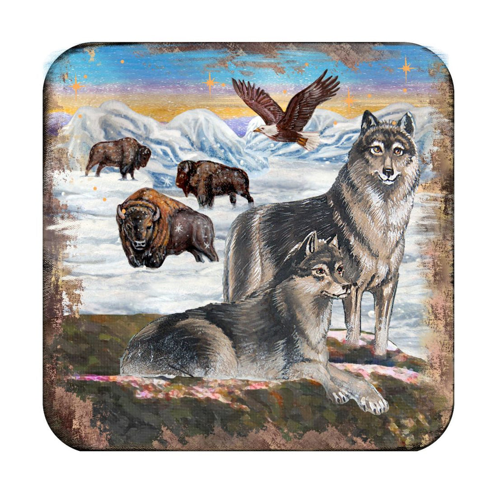 Winter Wolves Wooden Cork Coasters Gift Set of 4 by Nature Wonders - Nature Wildlife Decor - 95222C-S4