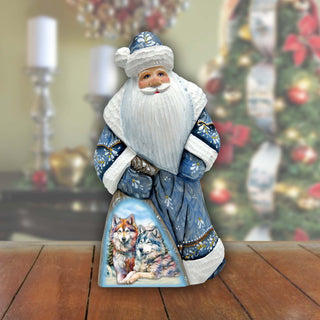 Winter Wolves Santa in Blue Hand-Painted WOODCARVED Masterpiece by G. DeBrekht - Christmas Decor - 8214824