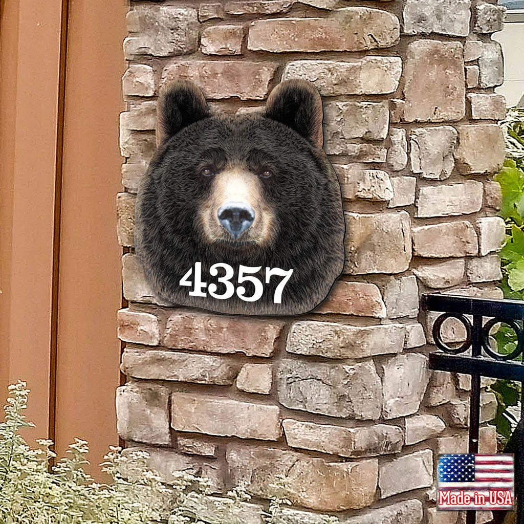 Bear Log Cabin Wooden Personalized House Number Sign by G. Debrekht - Nature Wildlife Decor - Handcrafted Wooden Address Sign - MA982145