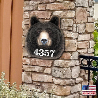 Bear Log Cabin Wooden Personalized House Number Sign by G. Debrekht - Nature Wildlife Decor - Handcrafted Wooden Address Sign - MA982145