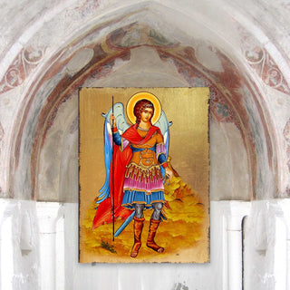 Saint Michael the Archangel Wooden Gold Plated Religious Christian Sacred Icon - Inspirational Icon Decor - 85022