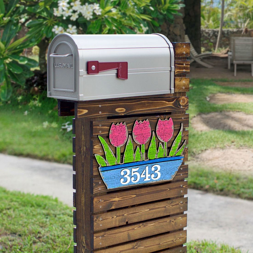 Tulips Pot Floral Personalized House Number Sign by G. Debrekht - Easter Spring Decor - Handcrafted Wooden Handcrafted Wooden Handcrafted Wooden Address Sign - MA989804