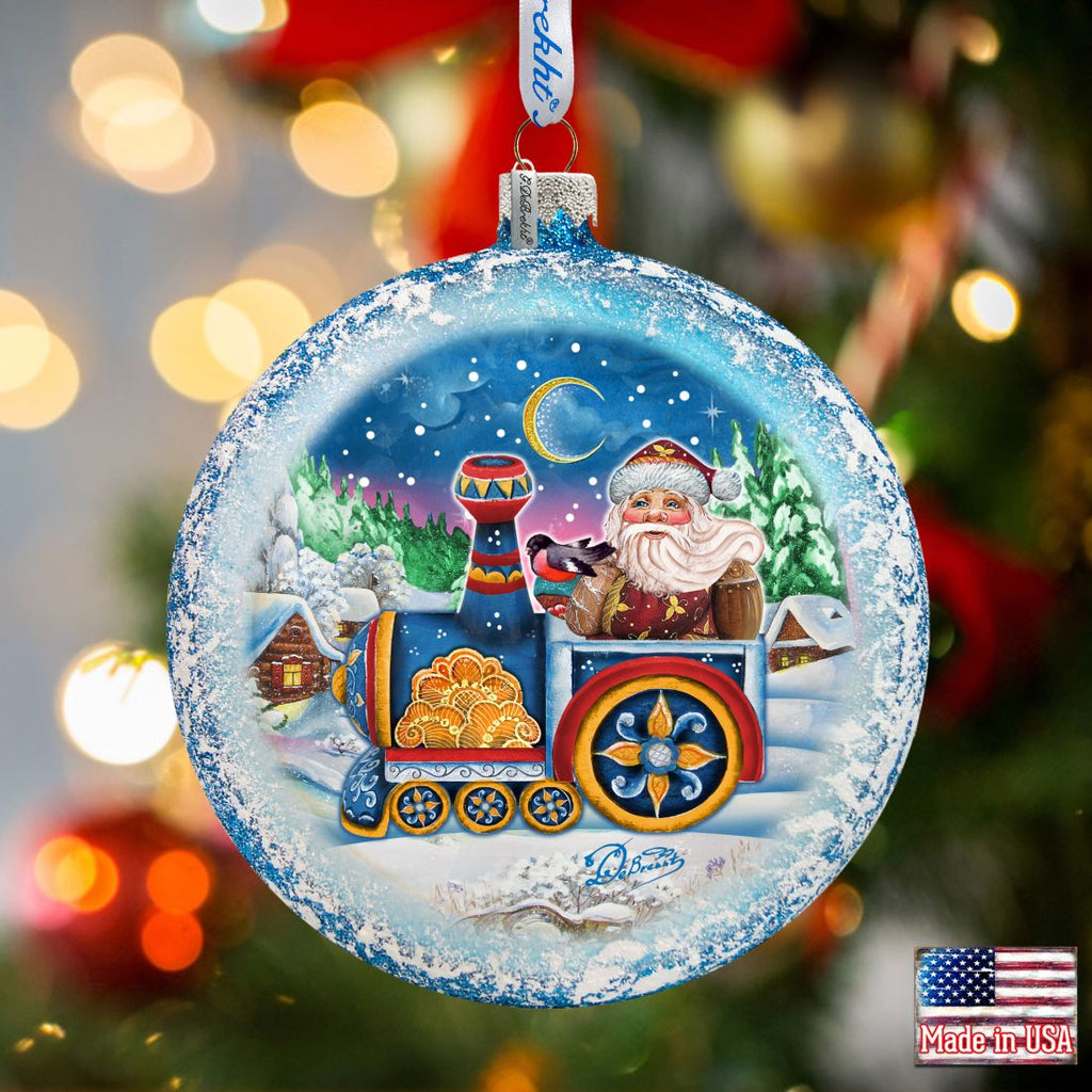 Santa Express Glass Ornament by G. DeBrekht - Christmas Santa Snowman Decor - 744-040