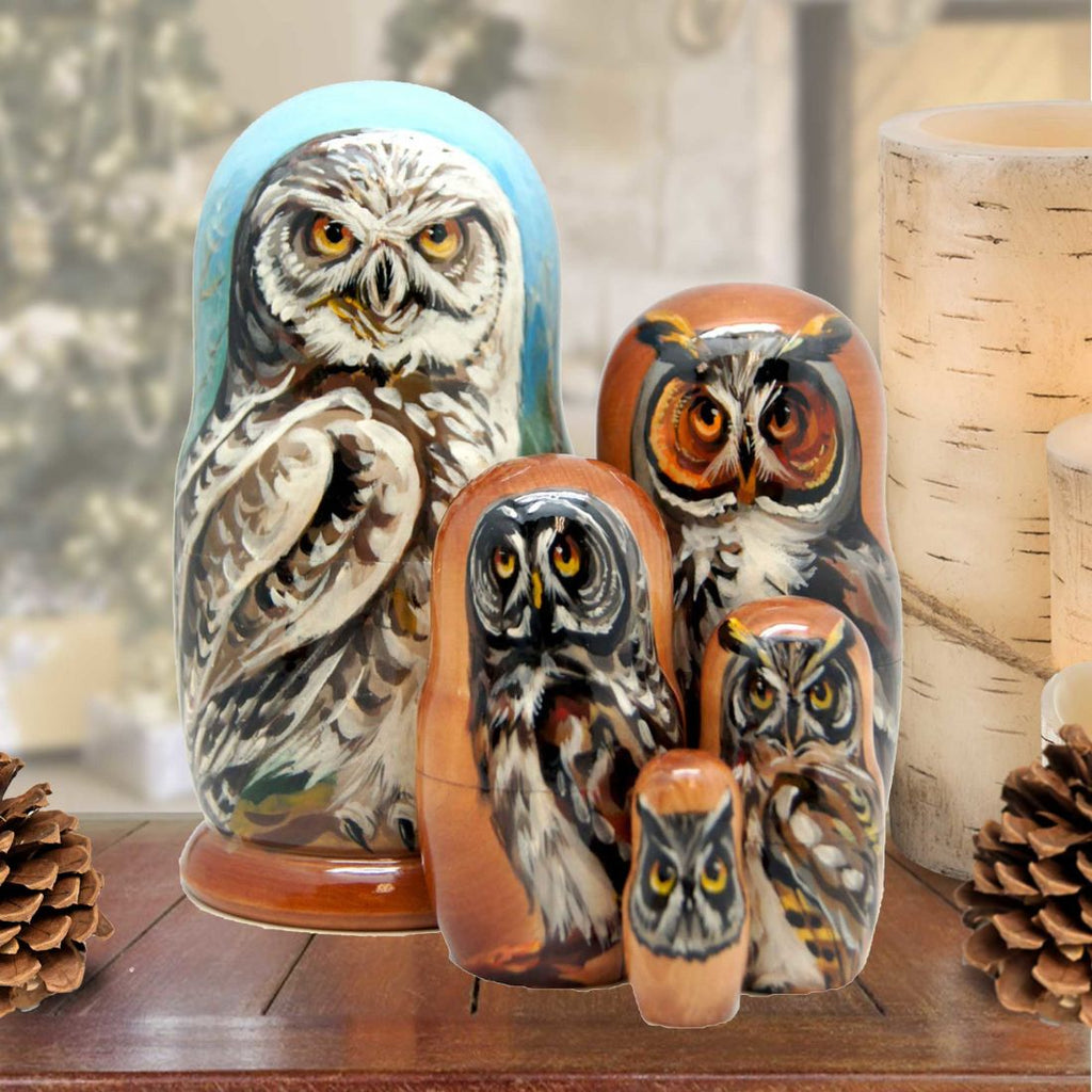 Forest Owls Wisdom Matreshka Nesting Hand-Painted Doll Set of 3 by G. DeBrekht - Wildlife Holiday Decor - 150011