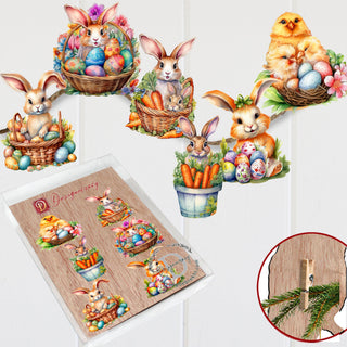 Eggs and Bunnies Clip-On Eco Wood Decorative Ornaments Set of 6 by G. Debrekht - Easter Decor - 8090057C-S6