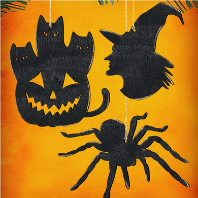 Halloween-themed silhouettes of a cat, a witch, and a spider against an orange background.