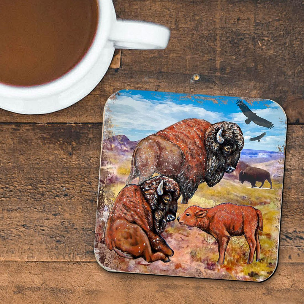 Buffalos Wooden Cork Coasters Gift Set of 4 by Nature Wonders - Nature Wildlife Decor - 95217C-S4