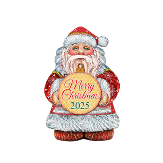 A colorful, hand-painted Santa Claus figure holding a sign that says