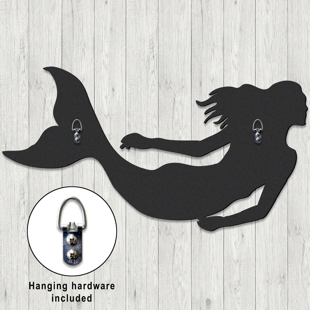 Back of handcrafted mermaid wall art by GDebrekht Artistic Studio, includes pre-installed hanging hardware for easy mounting. Made in the USA with durable materials and smooth black finish, ideal for coastal wall decor, beach house accents, or nautical-themed gifts. Part of the handcrafted coastal door and wall art collection.