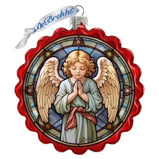 a stained glass window with an angel praying