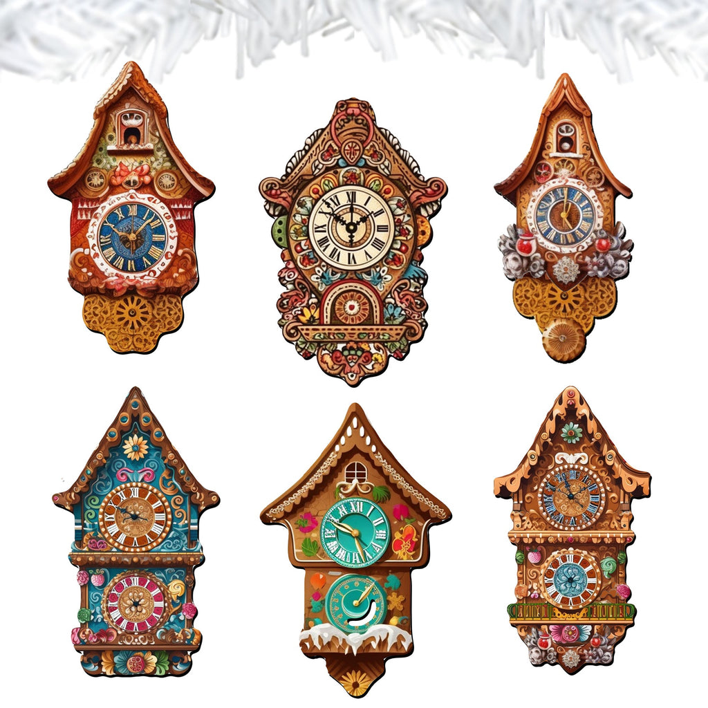 Miniature clock Clip-On Eco Wood Decorative Ornaments Set of 6 by G. Debrekht - Christmas Decor - 8090020C-S6