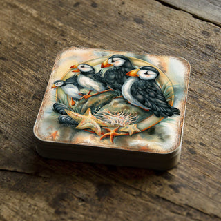 Puffins Wooden Cork Coasters Gift Set of 4 by J. Bergsma - Coastal Wildlife Decor - 8199462C-S4
